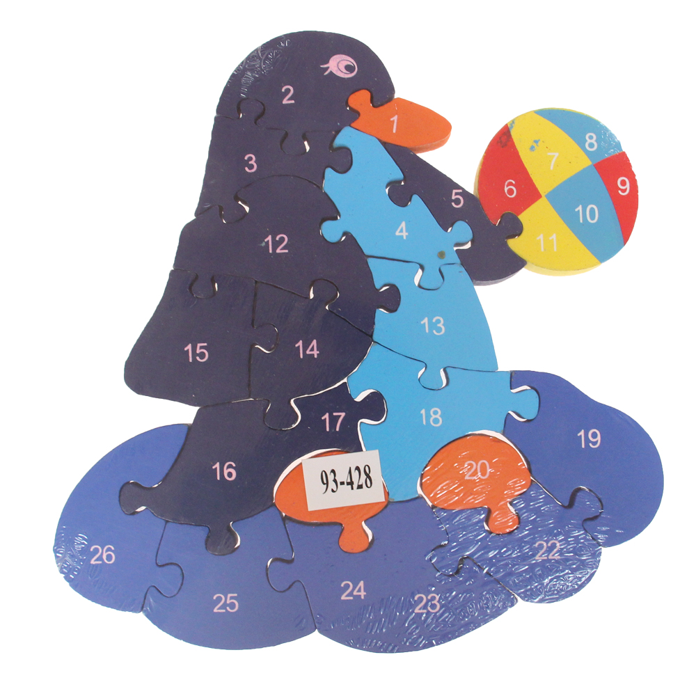 Vzdělávací dřevěné puzzle tučňák s míčem - náhľad 1