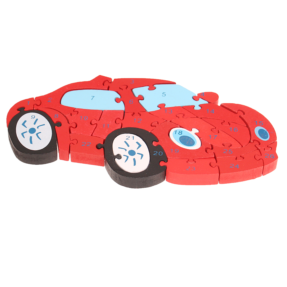 Vzdělávací dřevěné puzzle auto červené - náhľad 1