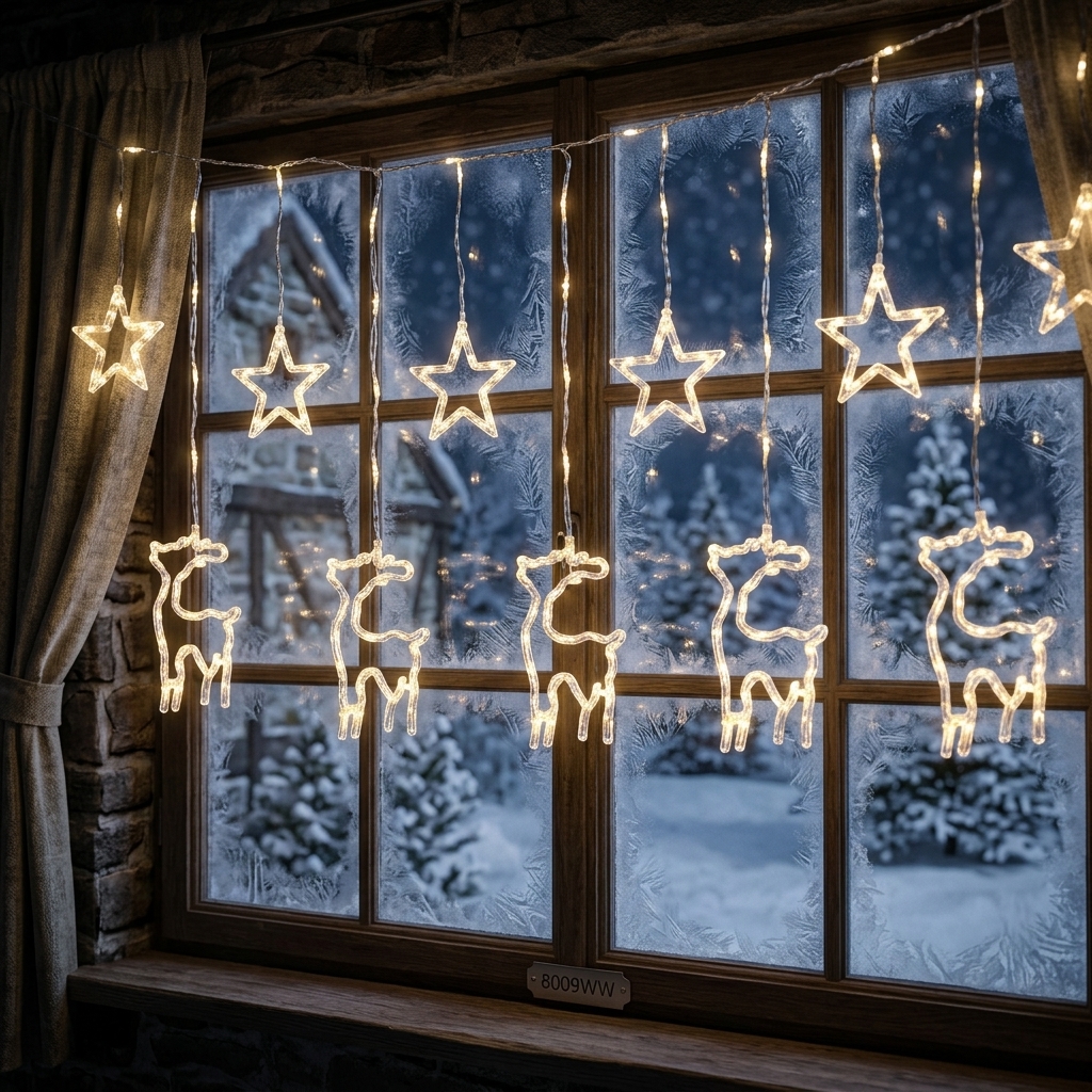 LED vánoční světelný závěs s motivy hvězd a sobů 8009WW - náhľad 6