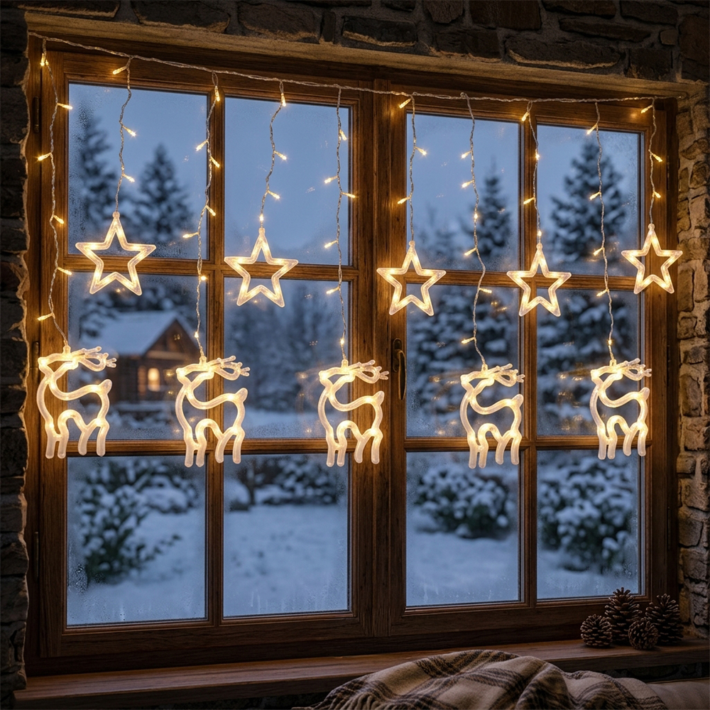 LED vánoční světelný závěs s motivy hvězd a sobů 8019WW - náhľad 6