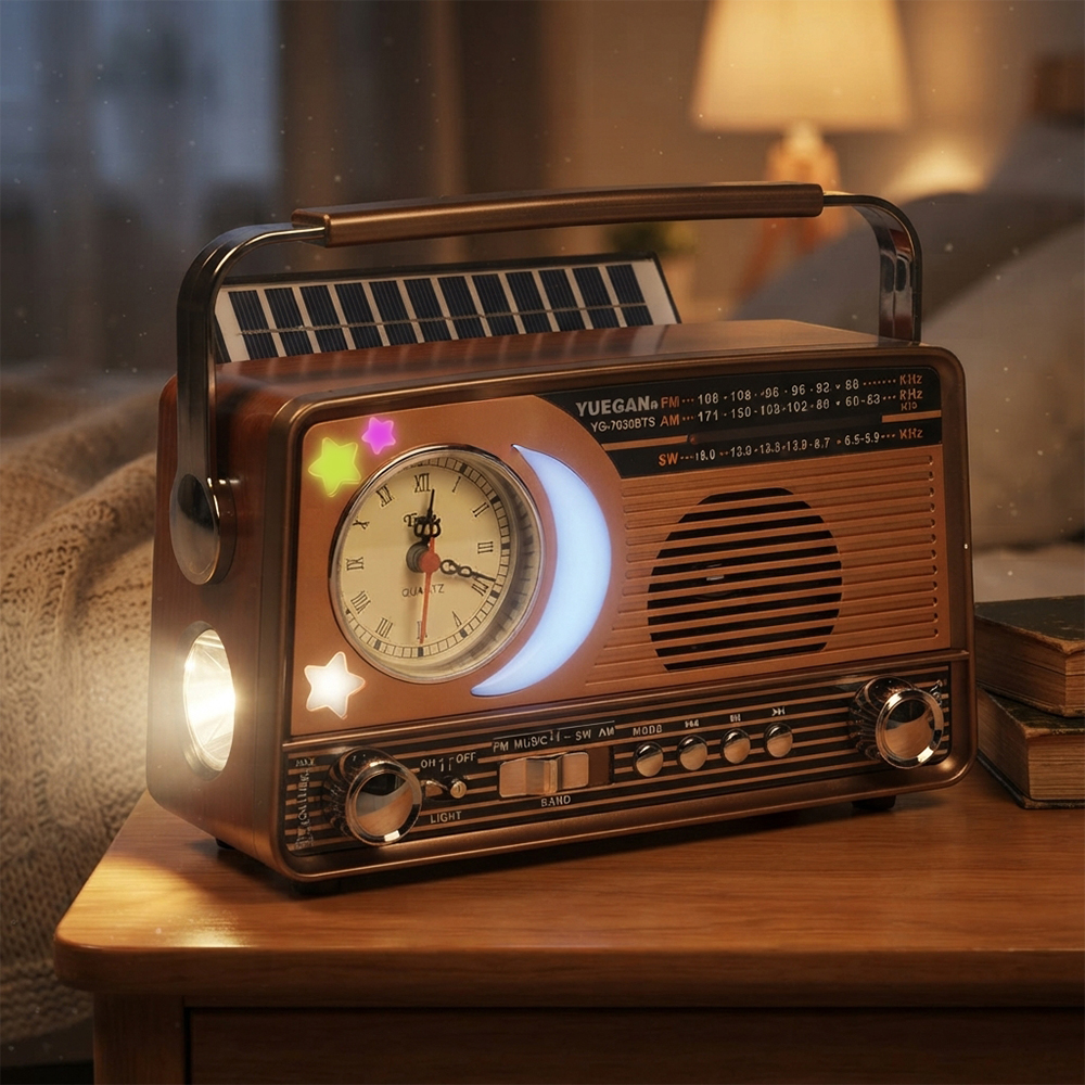 3pásmové solární rádio s hodinami zlaté YG-7030BTS - náhľad 6
