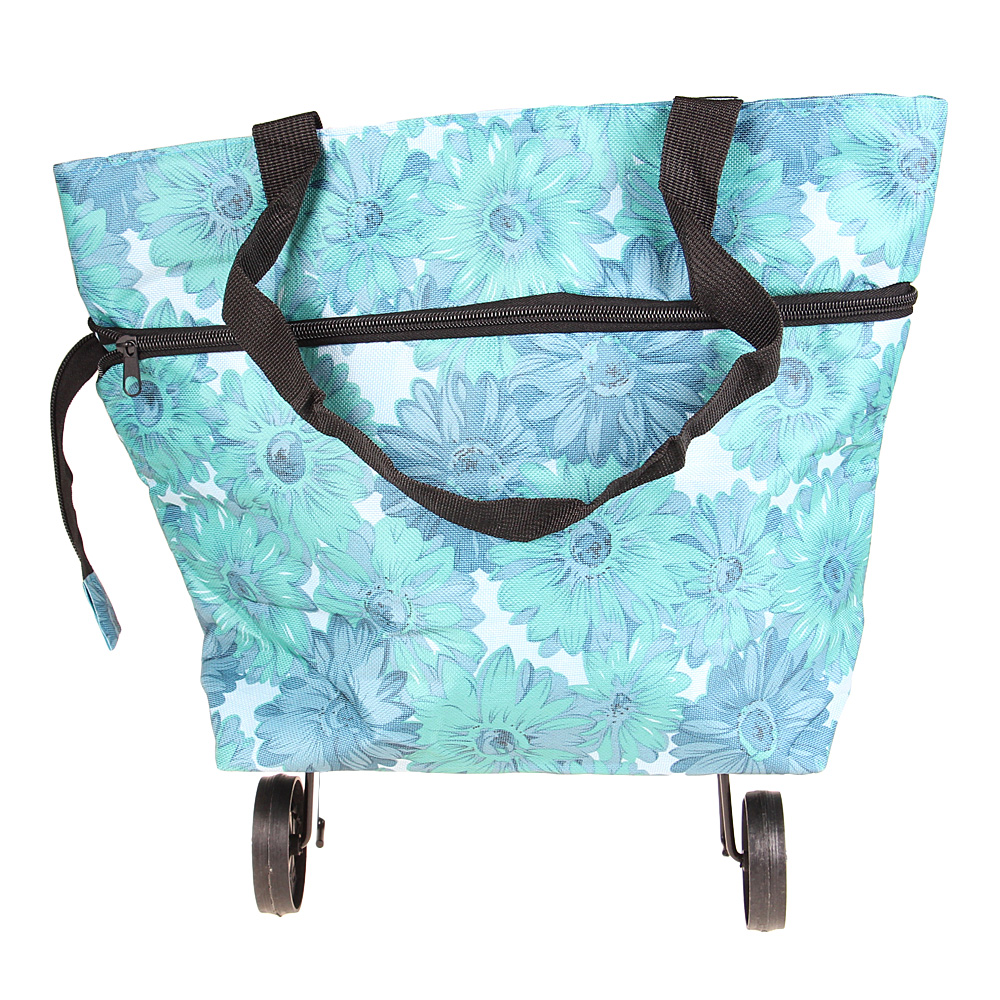 Nákupní taška s kolečky modrá s květy - náhľad 2