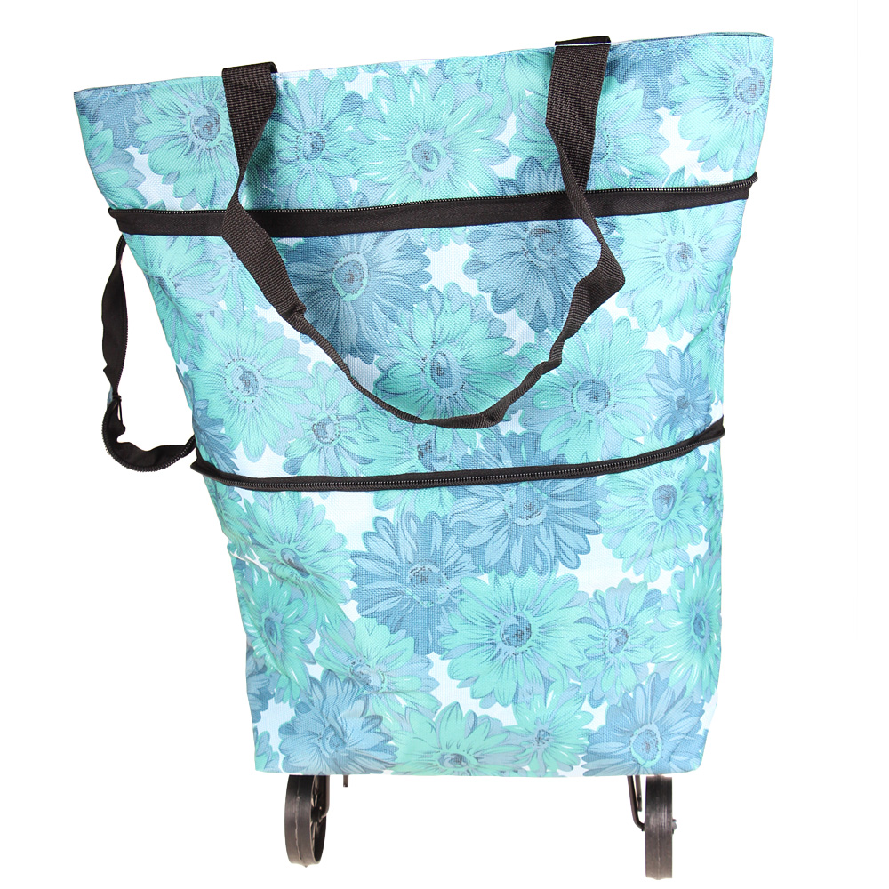 Nákupní taška s kolečky modrá s květy - náhľad 4