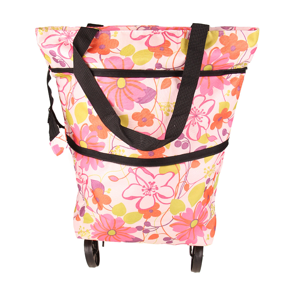 Nákupní taška s kolečky růžové květy - náhľad 2