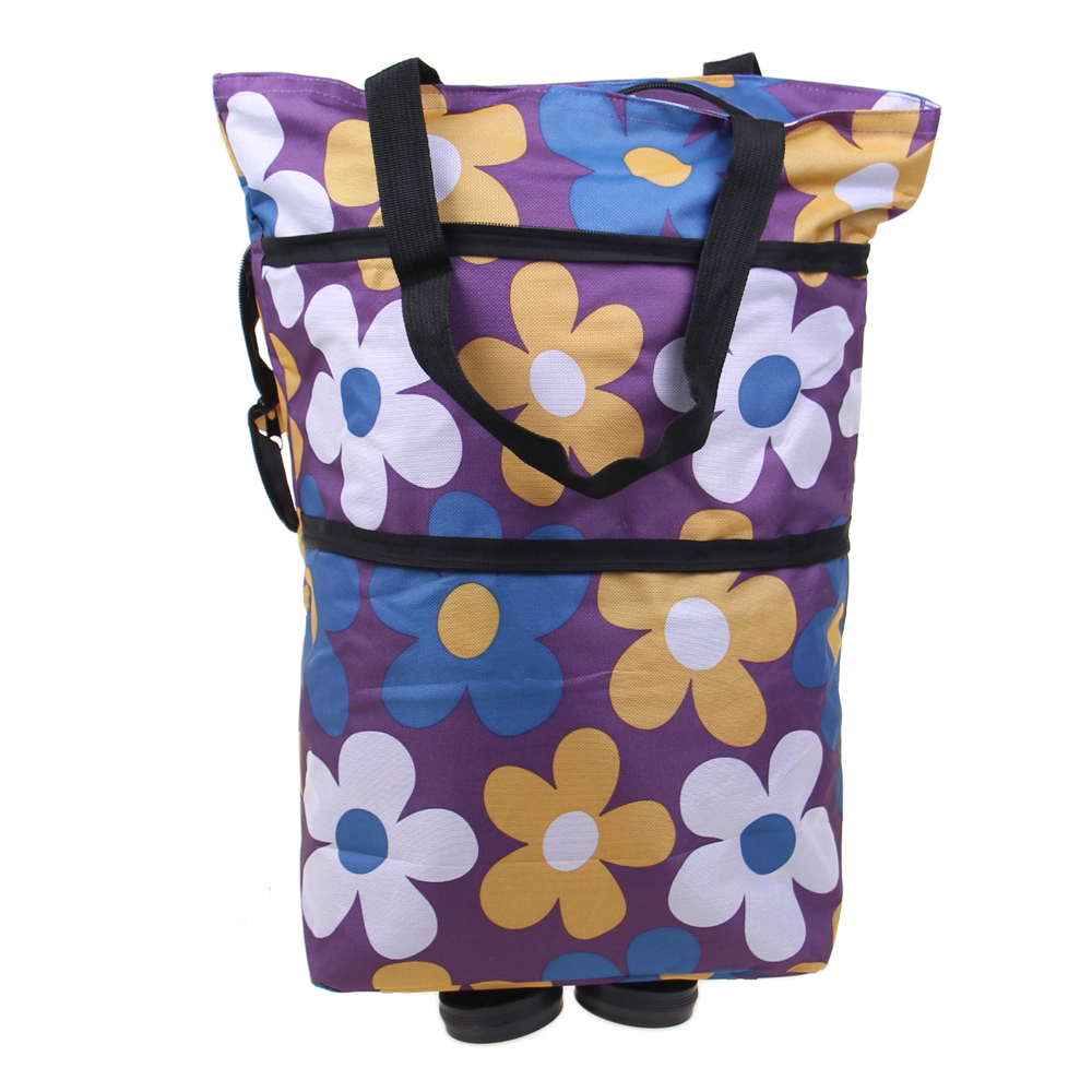 Nákupní taška s kolečky fialová s květy - náhľad 1
