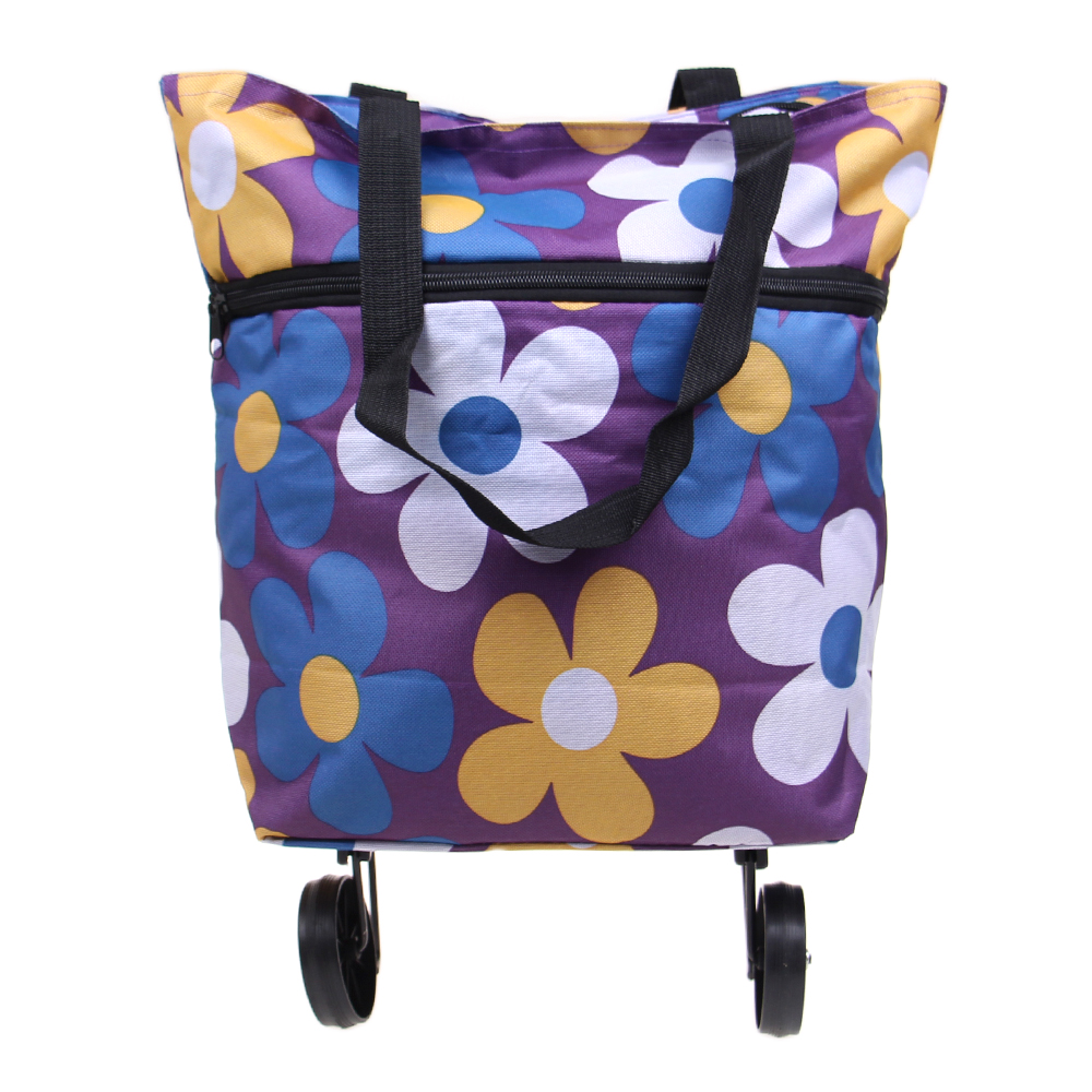 Nákupní taška s kolečky fialová s květy - náhľad 2