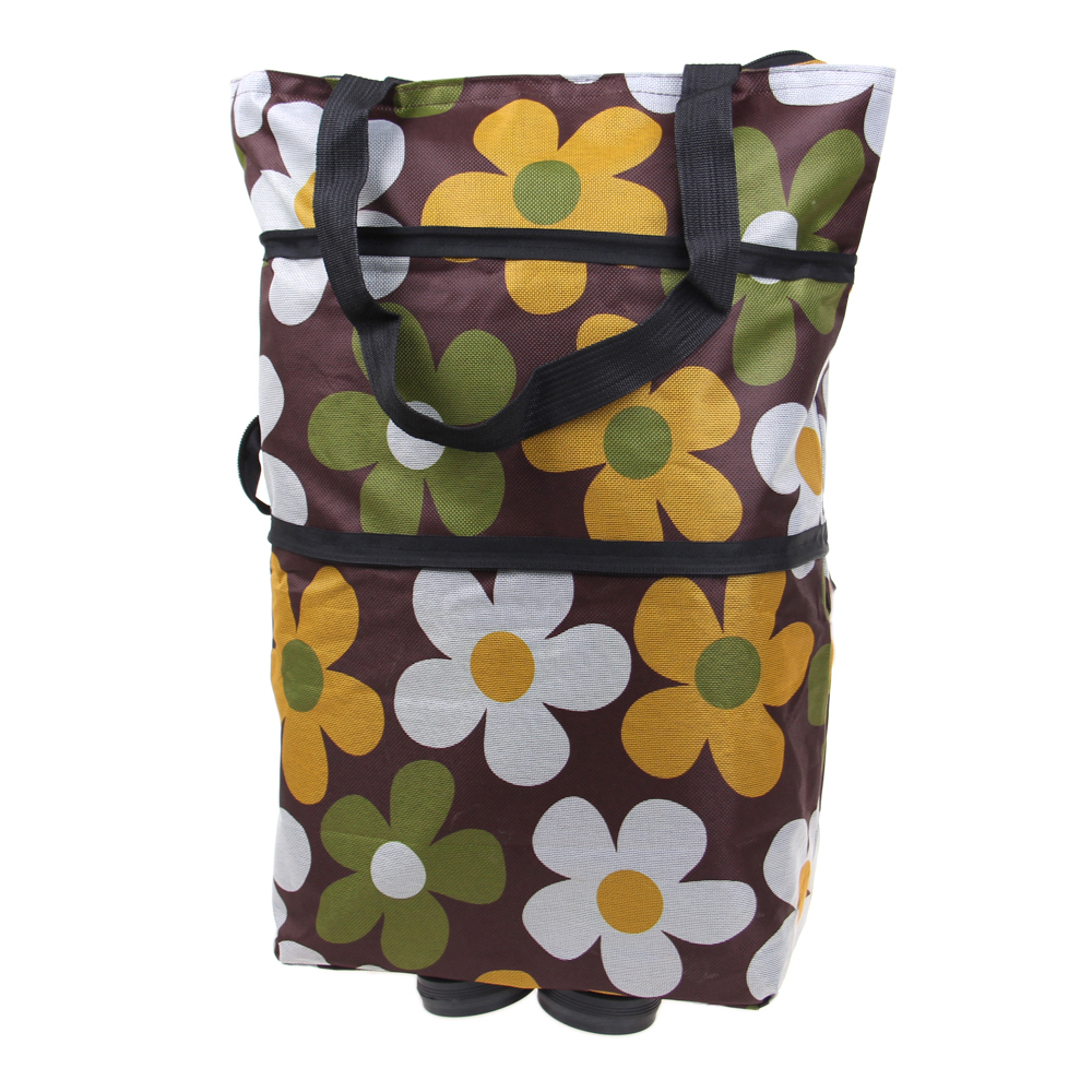 Nákupní taška s kolečky hnědá s květy - náhľad 1