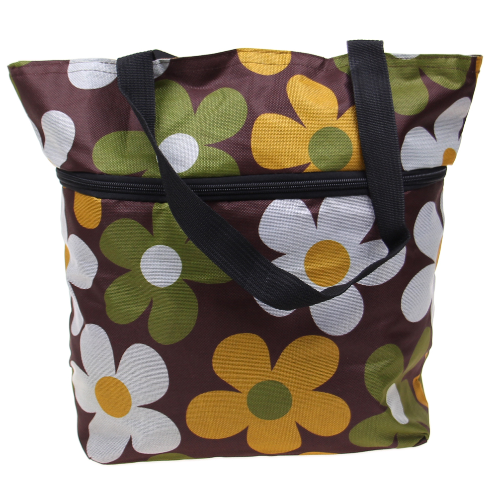 Nákupní taška s kolečky hnědá s květy - náhľad 3